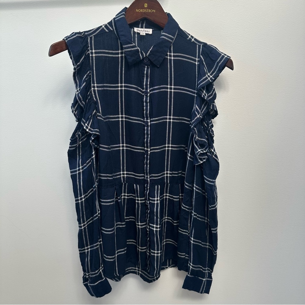Dizzy Lissy Plaid Button Up Blouse Cold Shoulder Ruffles Navy Women’s Medium